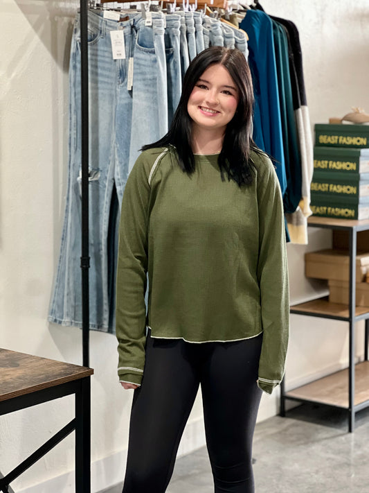 Textured Long Sleeve Top in Green