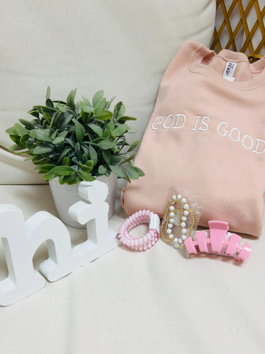 Embroidered God Is Good Sweatshirt in Pink