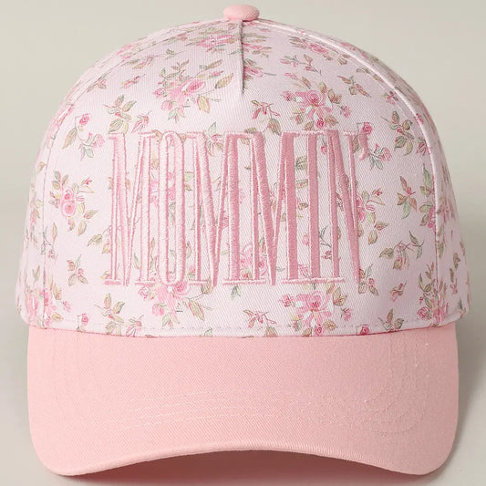 Mommin' Embroidered Floral Hat-Pink