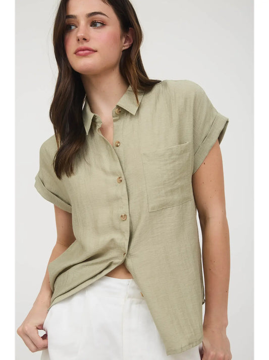 Collared Cuff Sleeve Back Pintuck Shirt in Light Olive