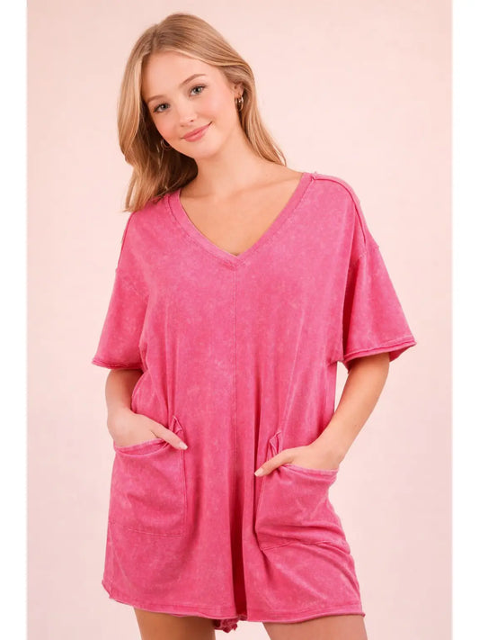 Mineral Washed Oversized Casual Knit Romper-Pink