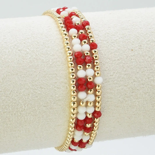 Set of 4 Red and White Glass Bead and Gold Stretch Bracelets