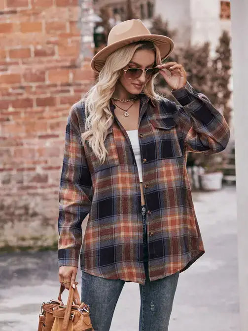 Oversized Loose Plaid Shirt-Black