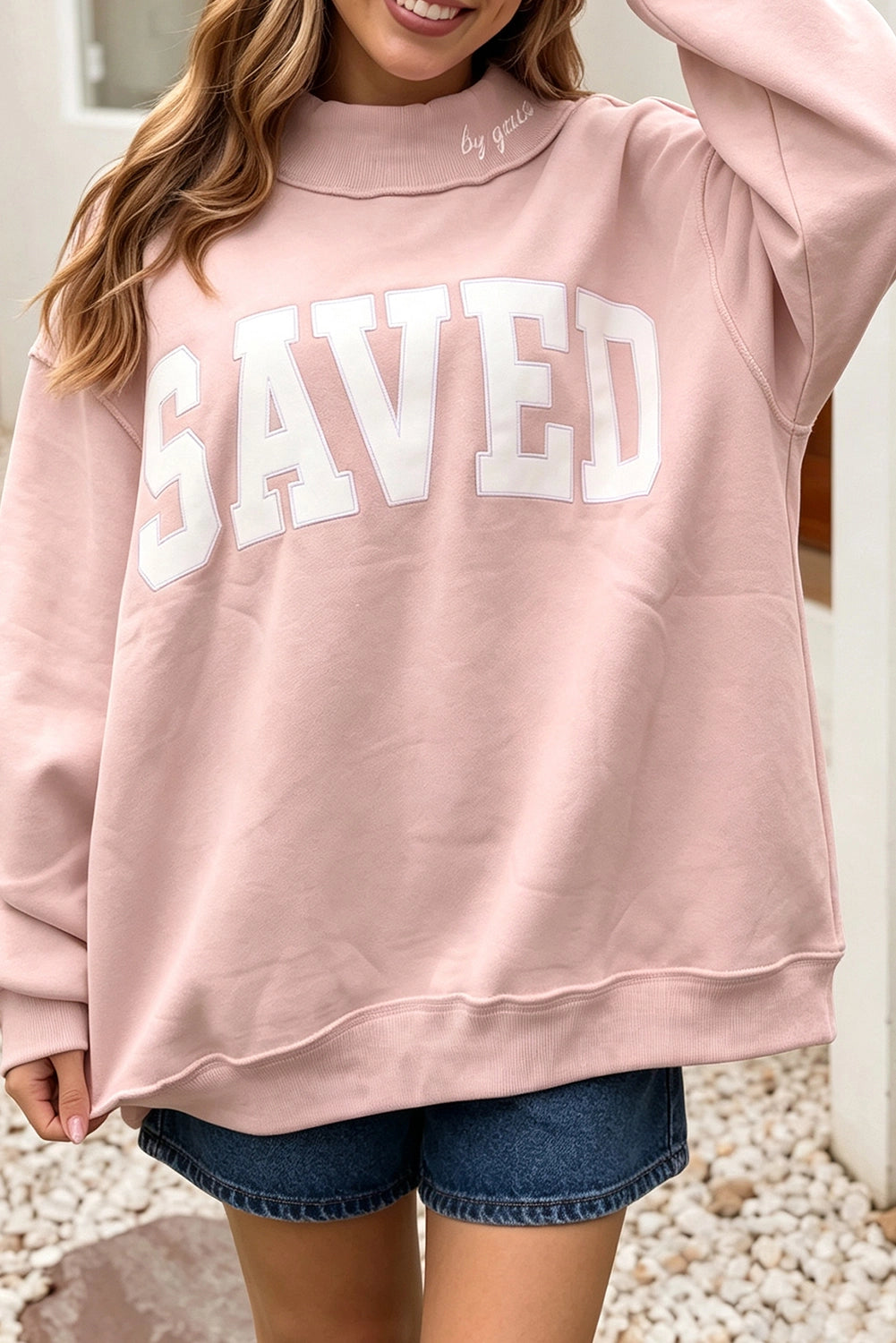 Embroidered Saved By Grace Mock Neck Sweatshirt-Pink