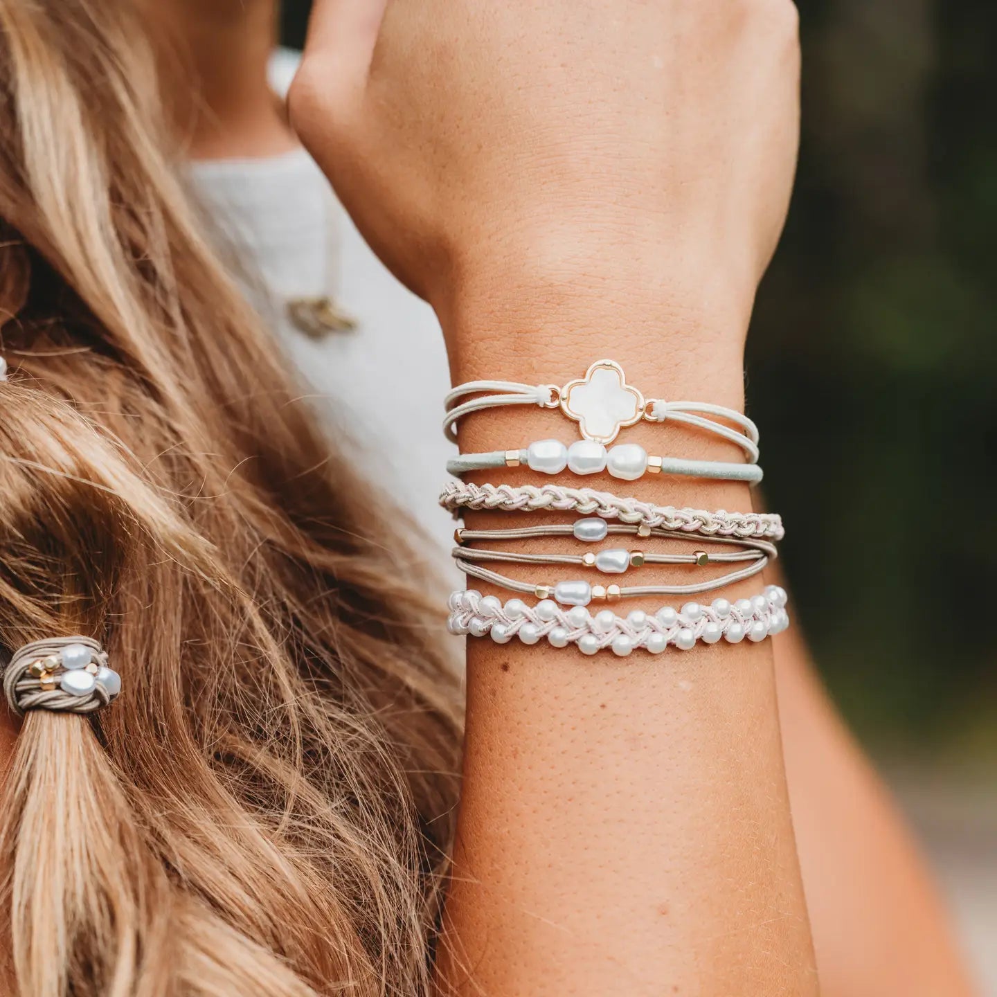 "Glimmer" Soft Pinks with Pearl and Gold Accent Hair Tie Bracelets