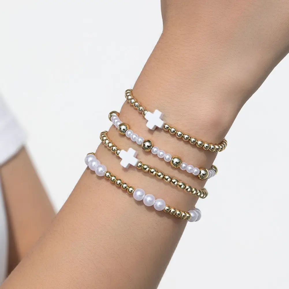 White Cross Pearl Beaded Elastic Multi Layered Bracelet