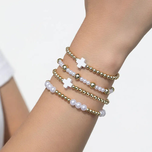 White Cross Pearl Beaded Elastic Multi Layered Bracelet