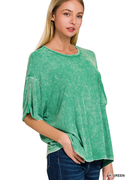 Washed Ribbed Cuffed Top with Pocket-Green