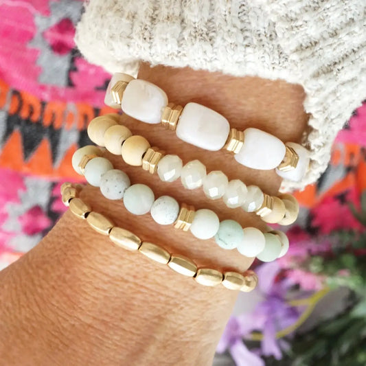Bracelet Stack of 4 Pieces Neutrals and Green Amazonite Glass Wood and Acrylic Beads