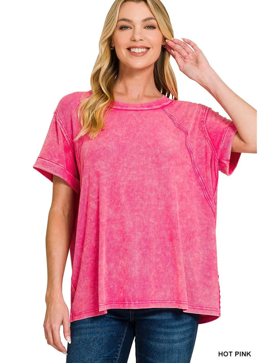 Washed Ribbed Cuffed Top-Hot Pink