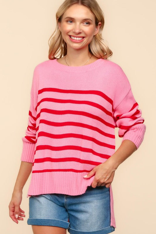 Striped High Low Pullover Sweater in Pink/Red