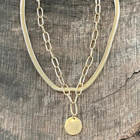 Layered Gold Tone Short Necklace Set with A Coin Pendant