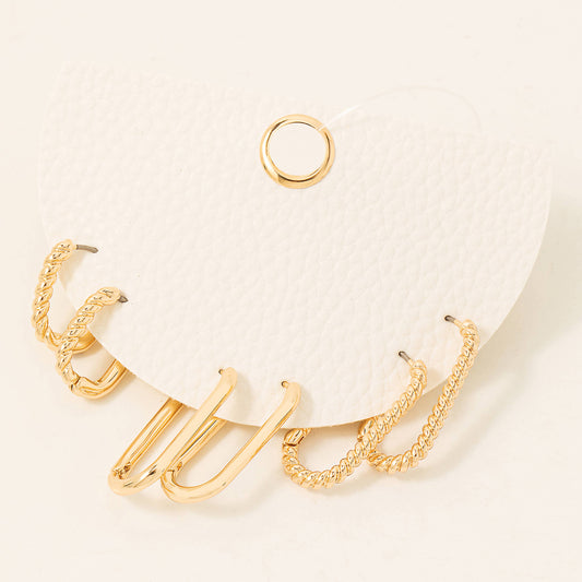 Metallic Oval Hinge Hoop Earrings Set-Gold