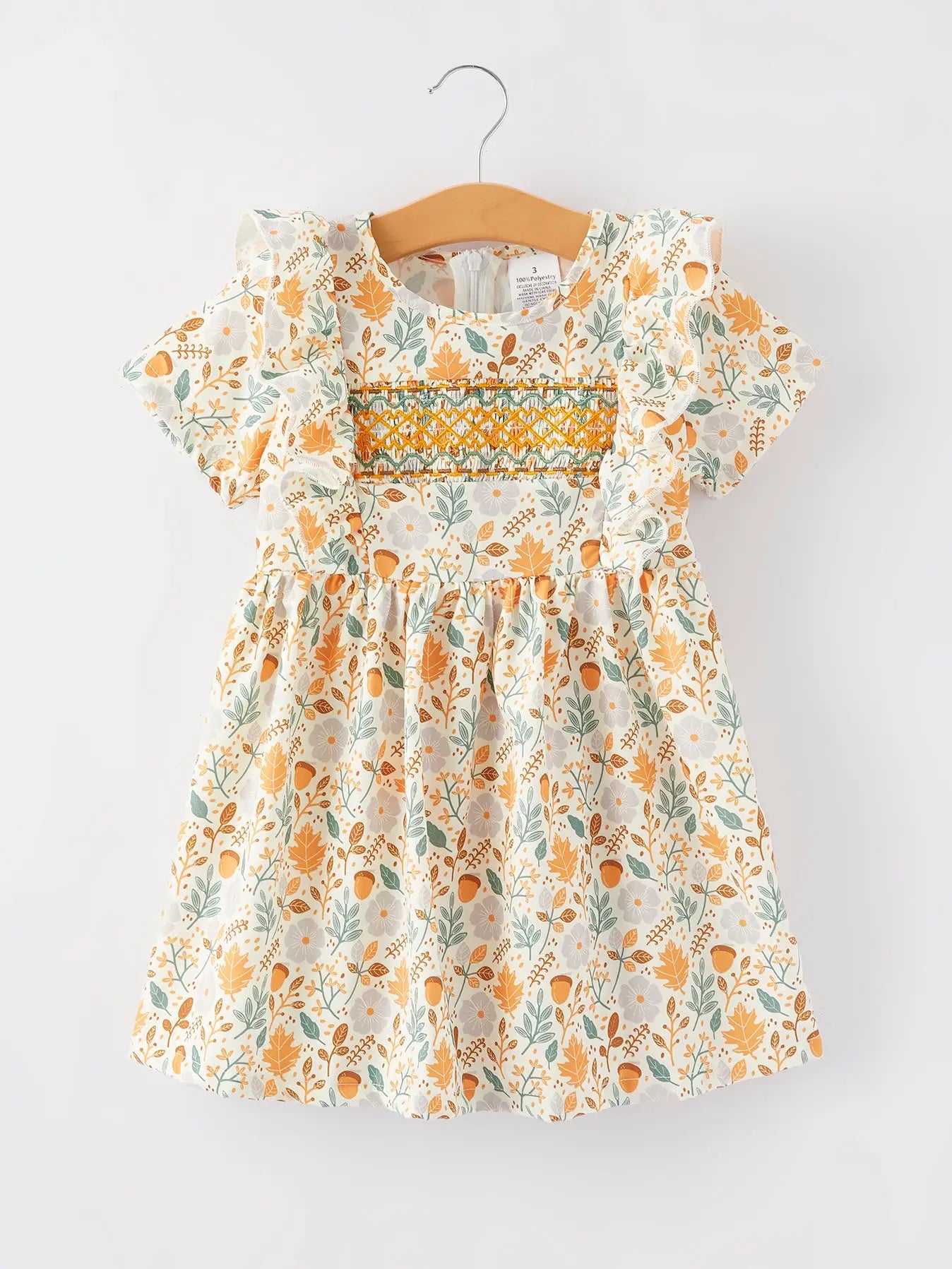 Girls Smocking Embroidered Yellow Floral Dress
