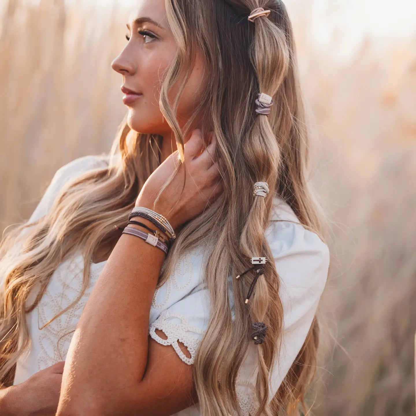"Faith" Gold Cross Hair Tie Bracelet Set