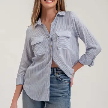 Striped Collared Button Down in Navy