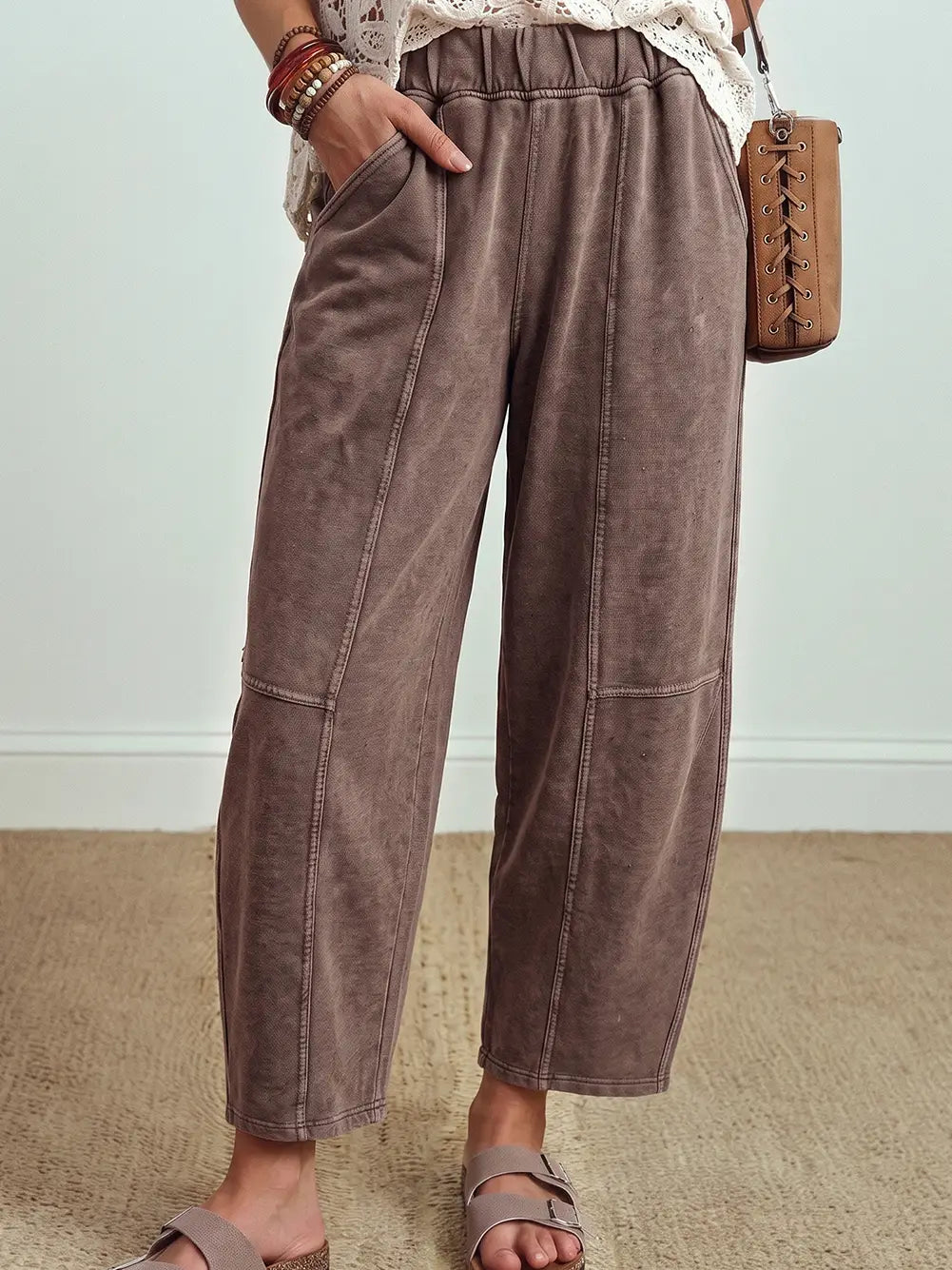 Mineral Wash Seam Detail Elastic Waist Barrel Pants
