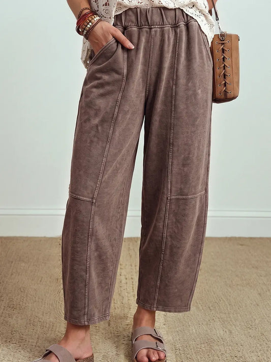Mineral Wash Seam Detail Elastic Waist Barrel Pants