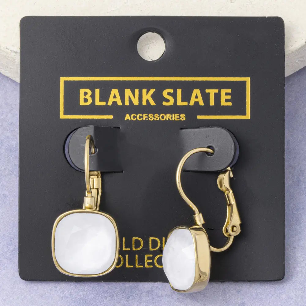 Gold Dipped Cushion Cut Crystal Drop Earrings-White