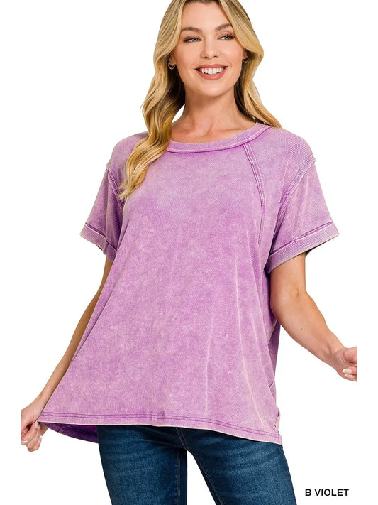 Washed Ribbed Cuffed Top-Violet