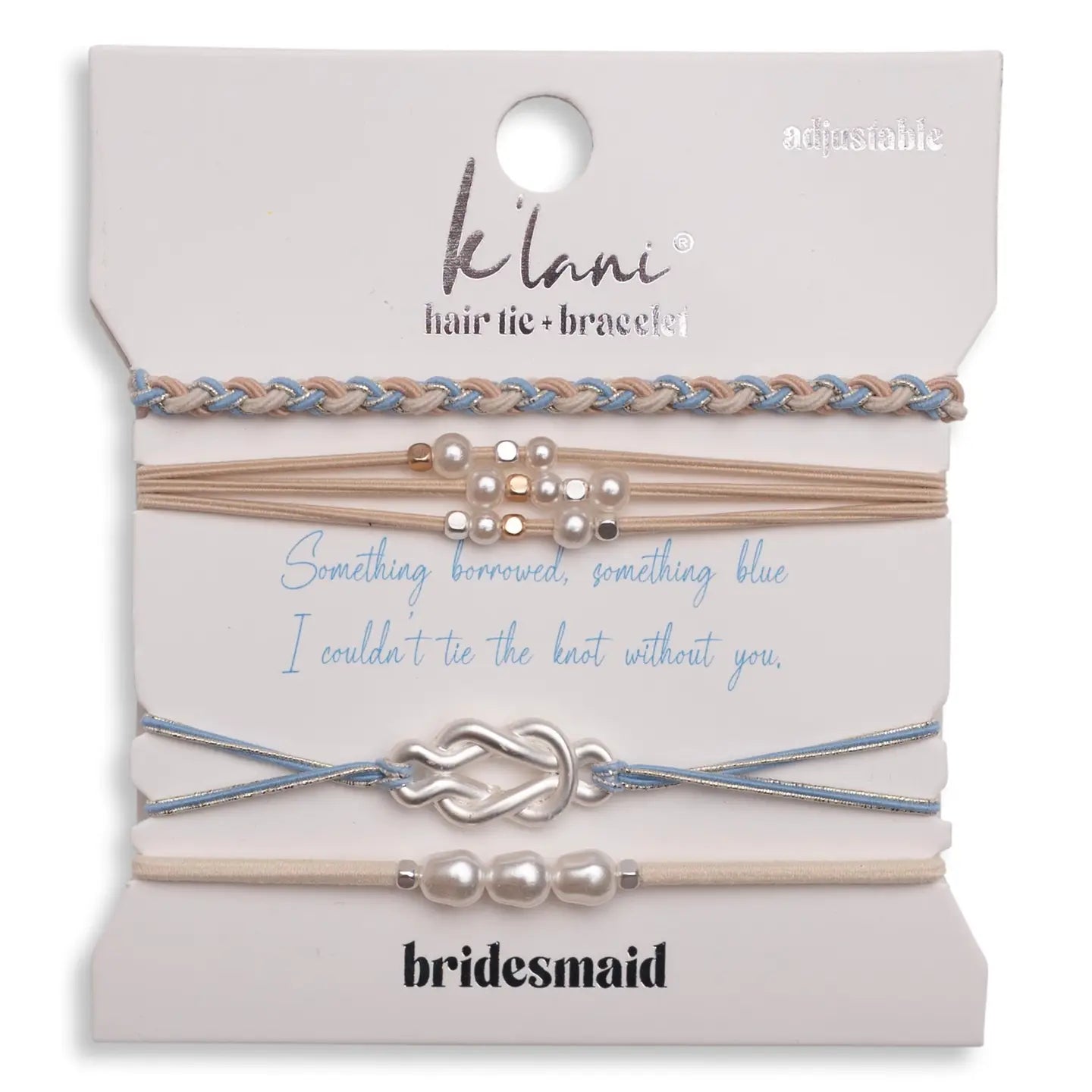 "Bridesmaid" Cream and Blue with Pearl Accent Hair Tie Bracelets