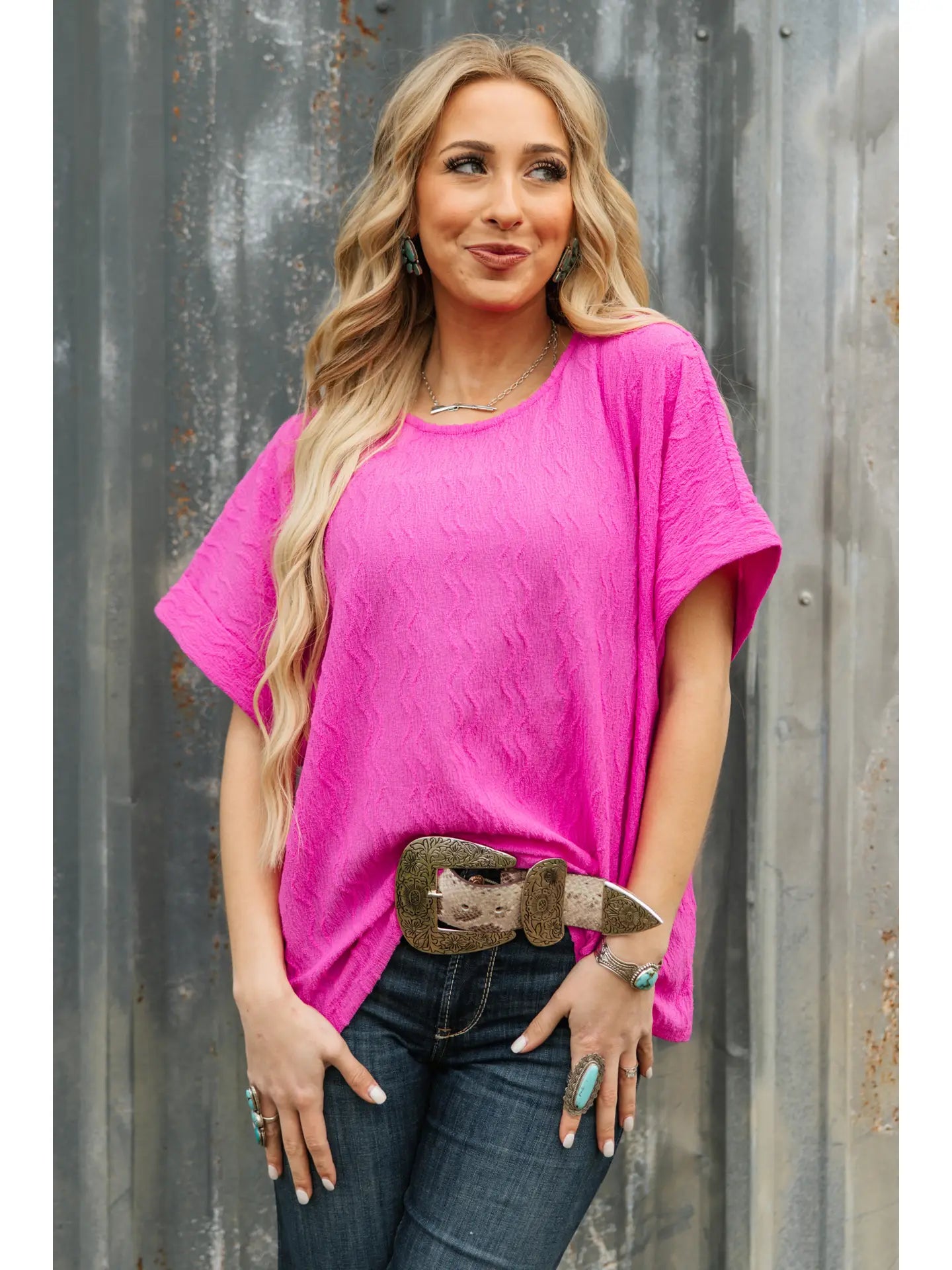 Textured Dolman Sleeve Top in Magenta