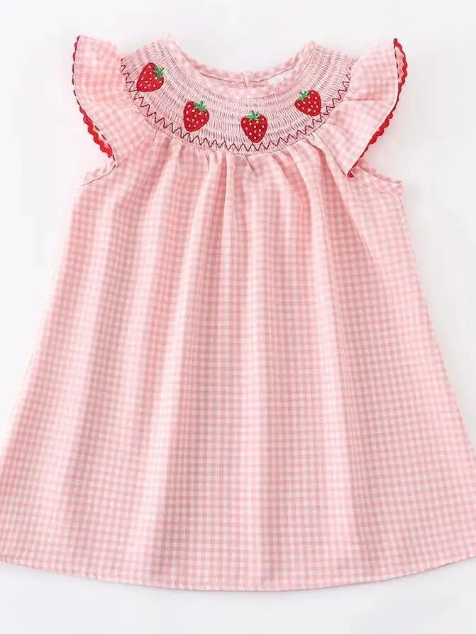 Girls Strawberry Embroidered Plaid Smocked Dress