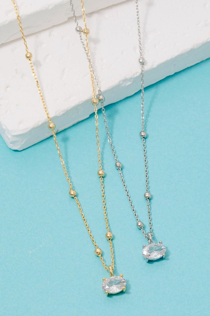 Oval Gem Pendant Station Bead Chain Necklace-Silver