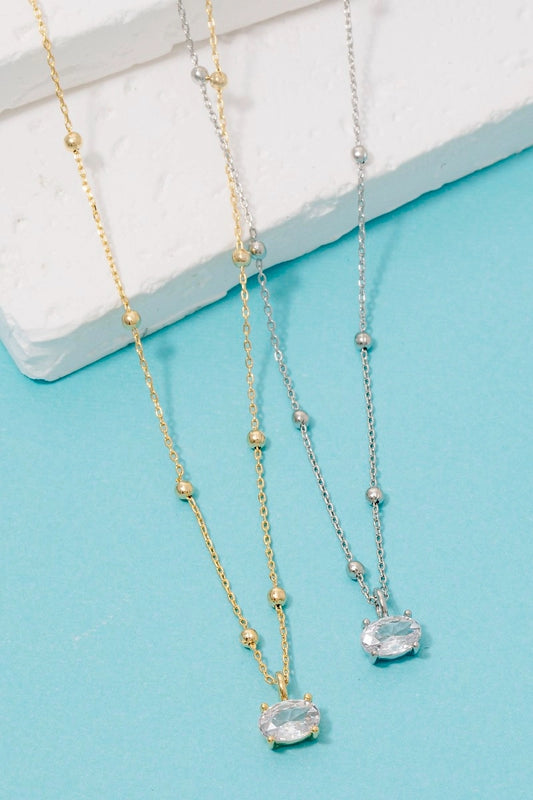 Oval Gem Pendant Station Bead Chain Necklace-Silver