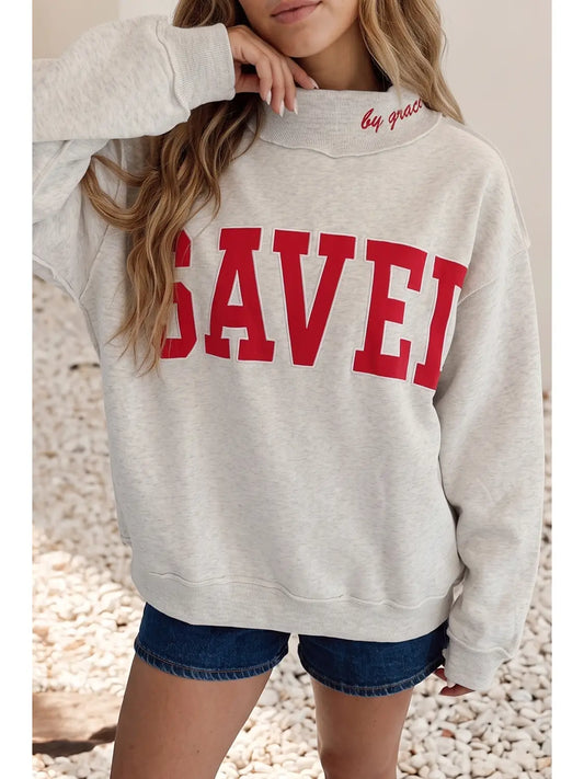 Embroidered Saved By Grace Mock Neck Sweatshirt