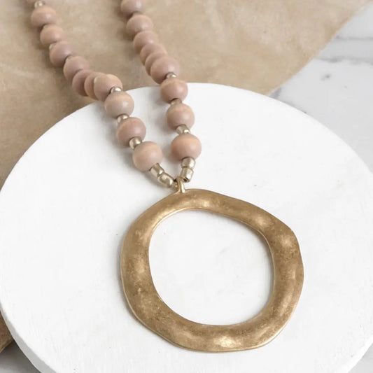 Long Wooden Bead Necklace with Gold Circle