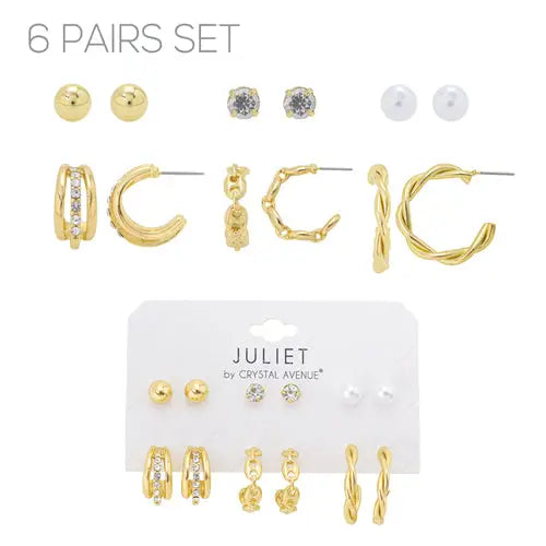 Set of 6 Stud and Hoops Earrings-Pearl