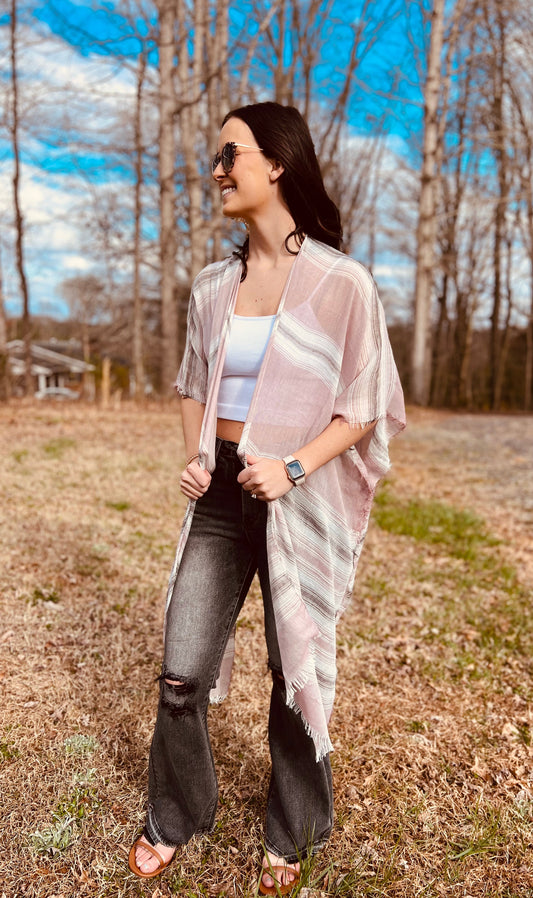Striped Frayed Colorful Kimono in Rose