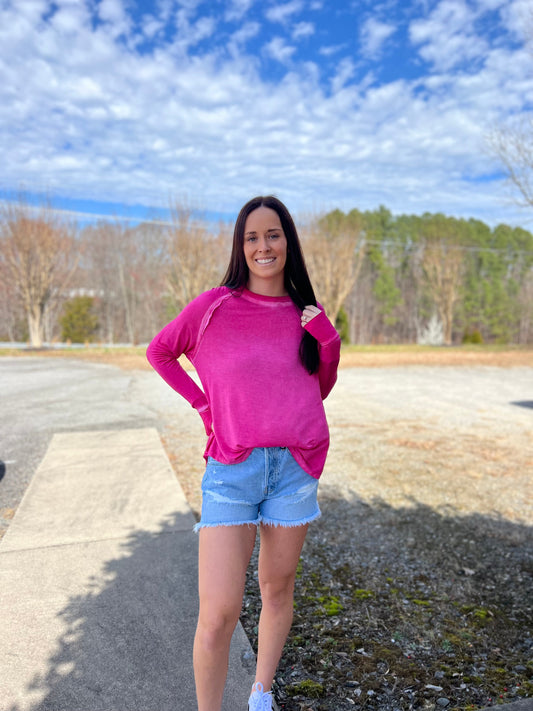 Washed Long Sleeve with Thumb Hole Cuff in Fuchsia**FINAL SALE**