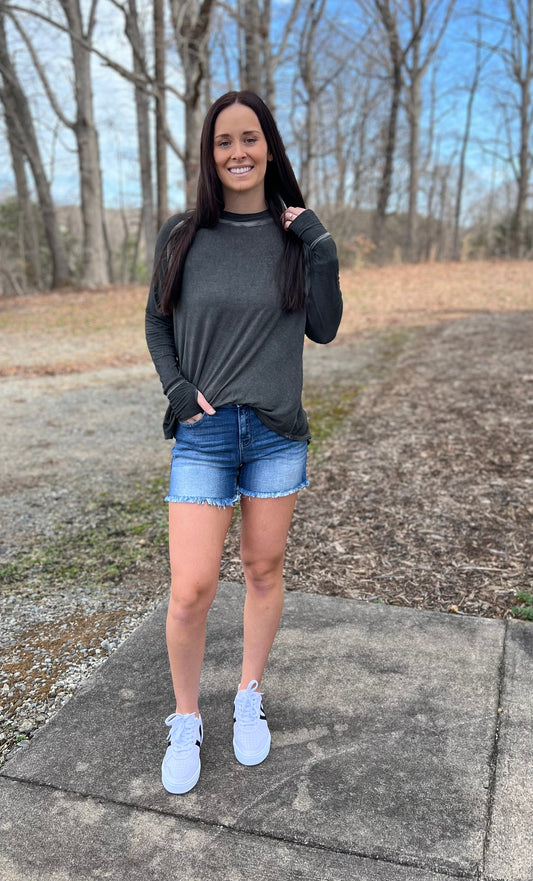 Washed Long Sleeve with Thumb Hole Cuff in Ash Black**FINAL SALE**