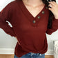 Brushed Waffle V-Neck Button Detail Sweater in Dark Rust**FINAL SALE**