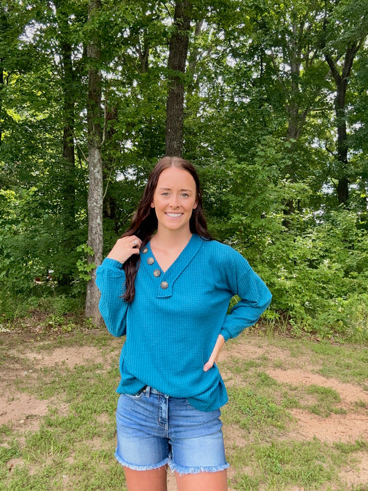 Brushed Waffle V-Neck Button Detail Sweater in Teal**FNAL SALE**