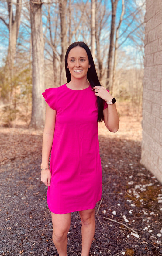 Ruffle Sleeve Solid Tunic Dress in Magenta**FINAL SALE**