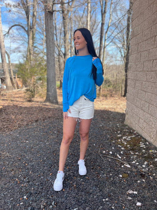 Washed Long Sleeve with Thumb Hole Cuff in Sky**FINAL SALE**