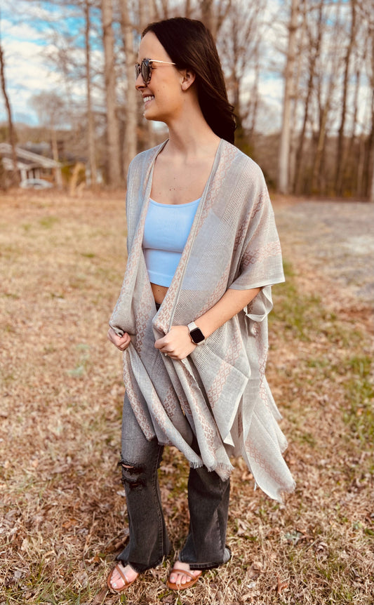 Woven Long Line Tribal Kimono in Light Grey**FINAL SALE**