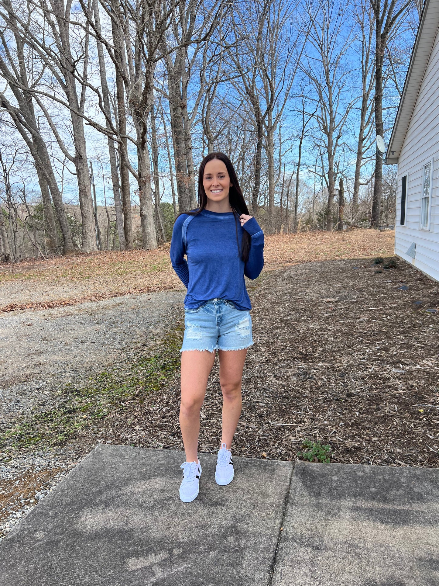 Washed Long Sleeve with Thumb Hole Cuff in Light Navy**FINAL SALE**