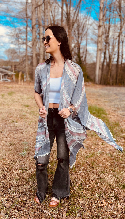 Striped Frayed Colorful Kimono in Navy**FINAL SALE**