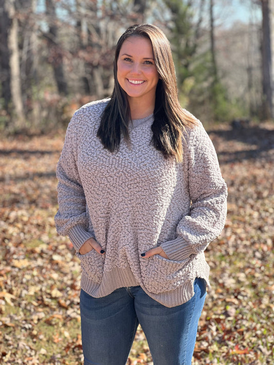 Front Pocket Popcorn Sweater in Light Grey**FINAL SALE**