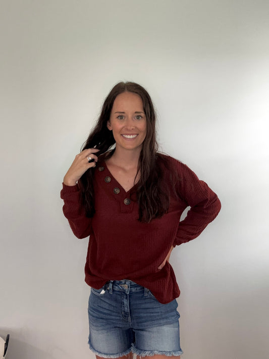 Brushed Waffle V-Neck Button Detail Sweater in Dark Rust**FINAL SALE**