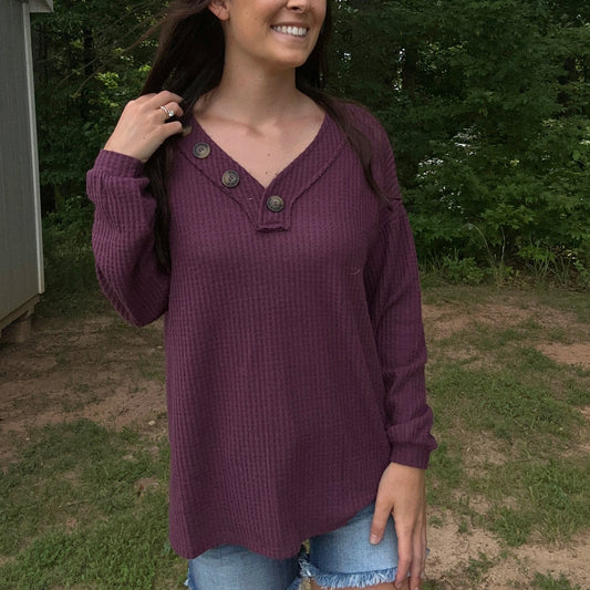 Brushed Waffle V-Neck Button Detail Sweater in Eggplant**FINAL SALE**