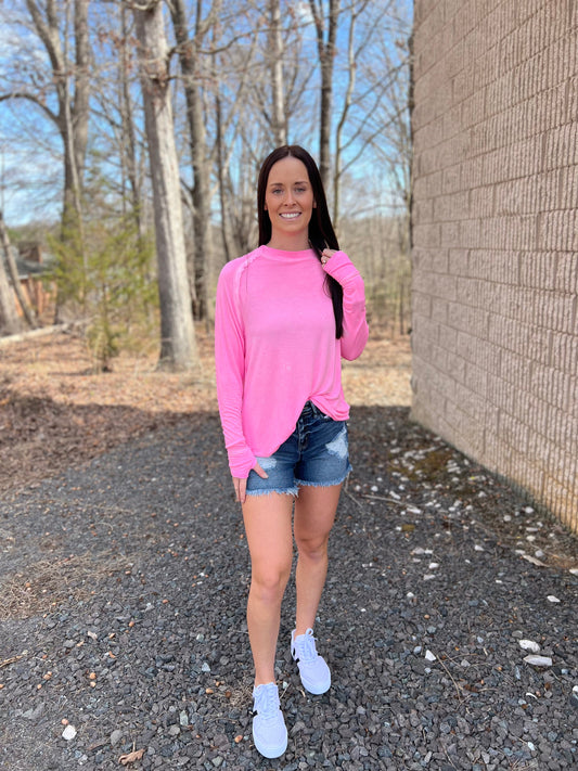Washed Long Sleeve with Thumb Hole Cuff in Pink**FINAL SALE**