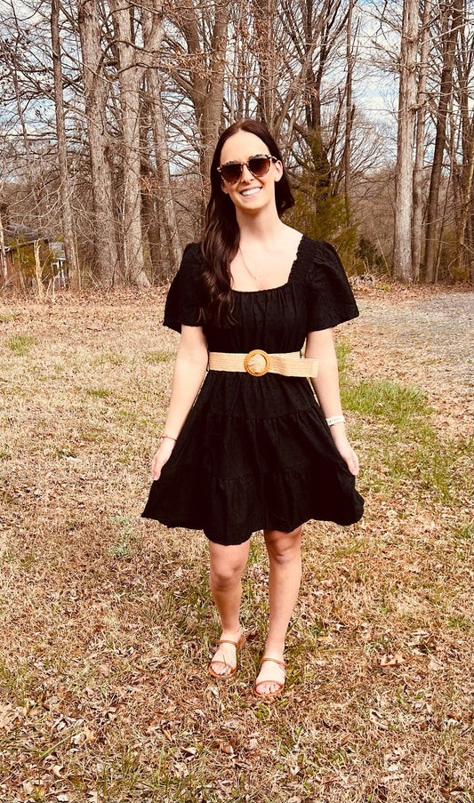 Lyla Contrast Belt Mini Dress in Black