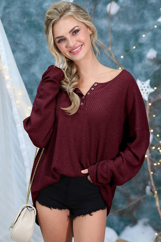 Button Detailed Long Sleeve Waffle Top**FINAL SALE**