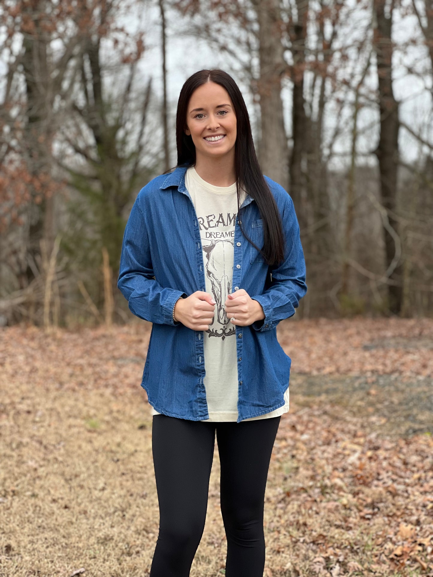 Denim Chambray Button Up Top in Dark**FINAL SALE**